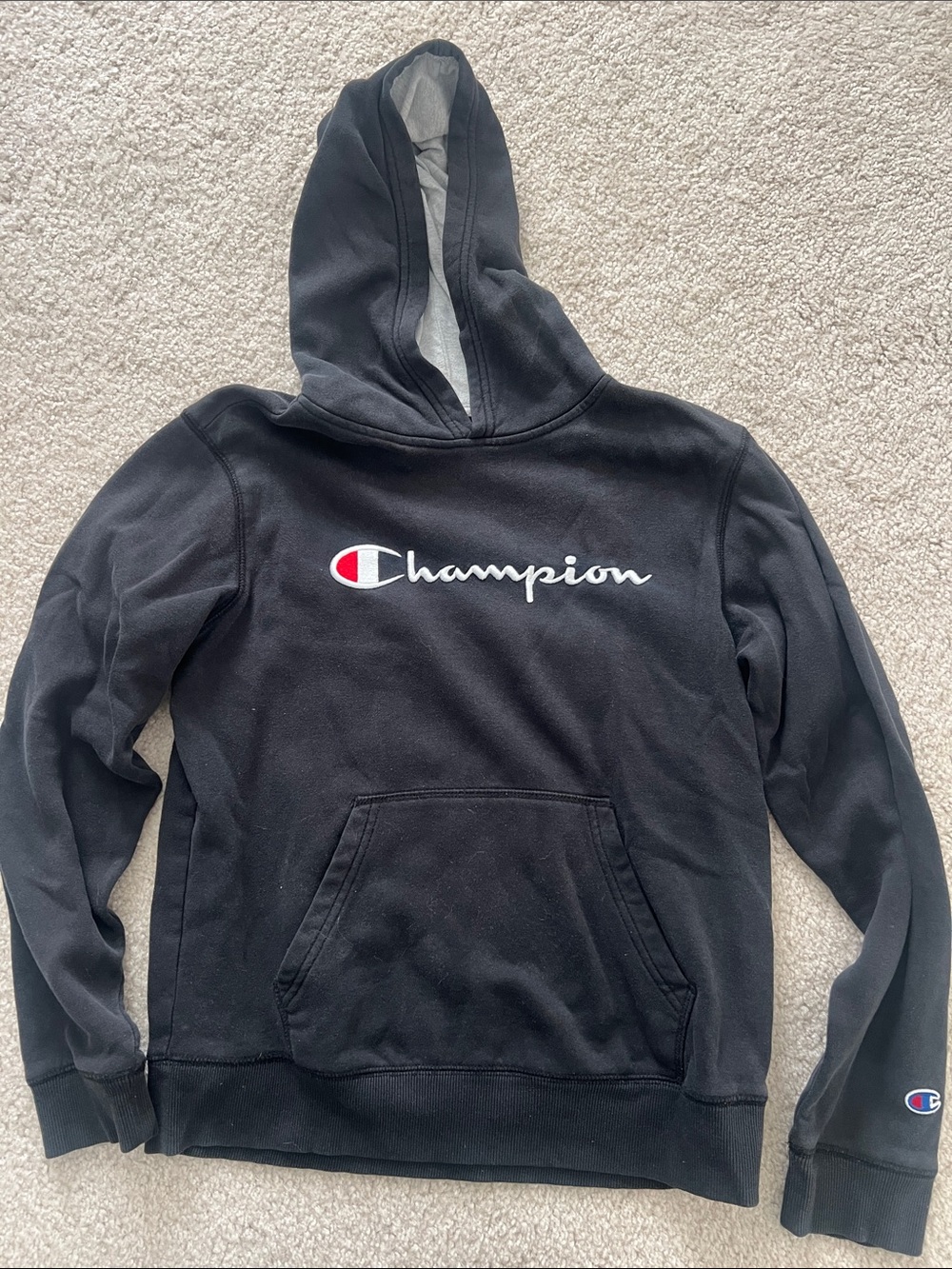 Champion Black Hoodie with White Script and Red Logo Accent